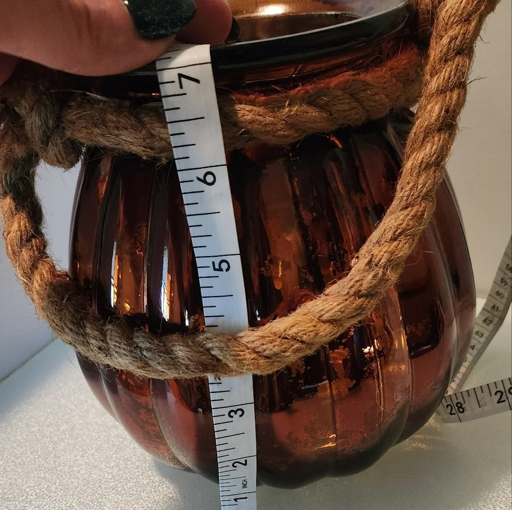 Glass iridescent orange‎ pumpkin shaped fall vase with rustic rope detail handle